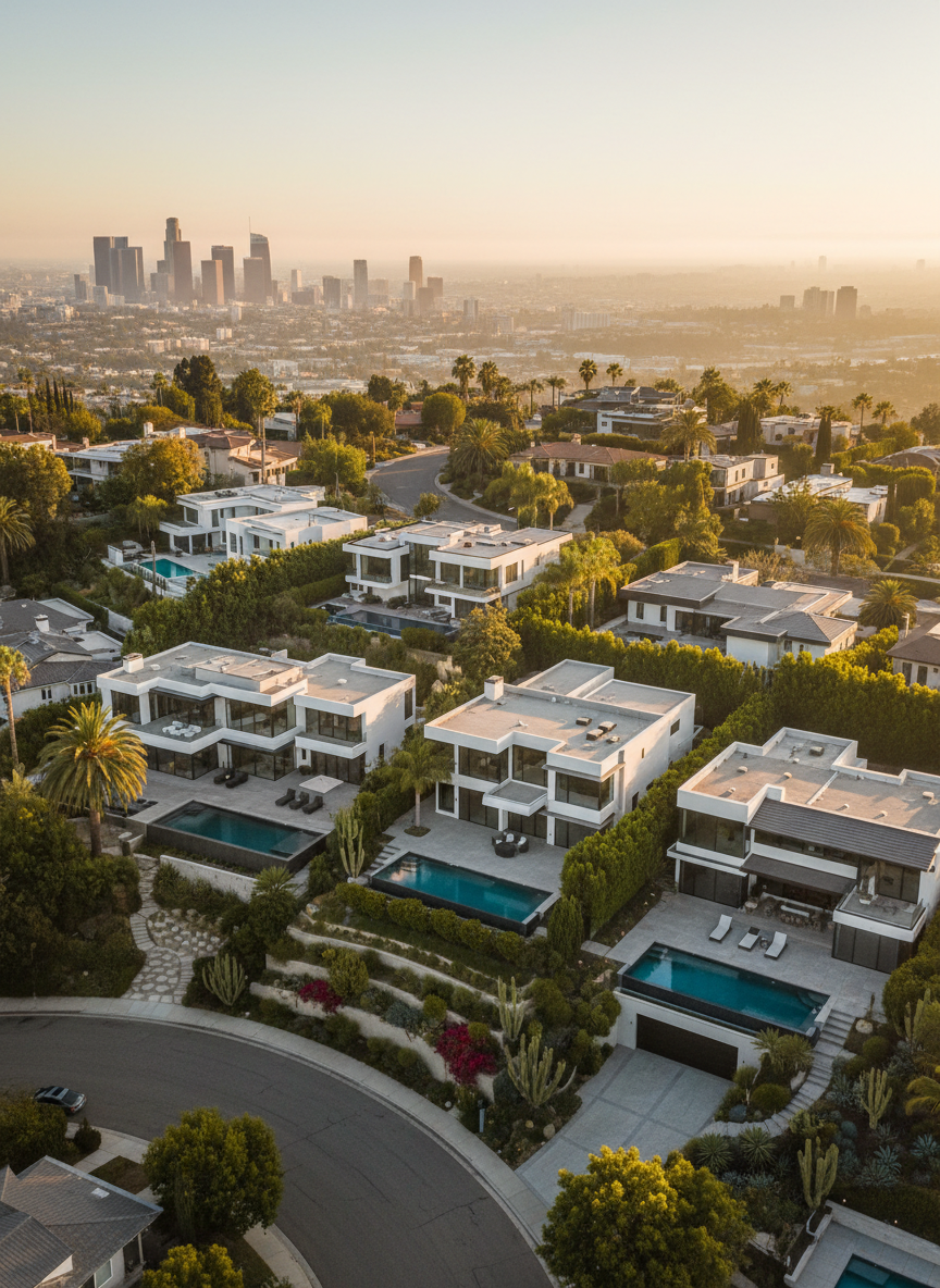 A sweeping aerial photographic view of a luxurious Southwest Los Angeles neighborhood at golden hour, showcasing modern hilltop homes with flat roofs, clean white stucco, and expansive glass walls overlooking the city. Meticulously landscaped yards with palm trees, drought-tolerant gardens, and shimmering turquoise pools dot the scene. Warm sunlight casts long, elegant shadows across the rolling streets, while the distant Los Angeles skyline glows softly under a hazy sky. Captured with sharp focus and a cinematic, wide-angle composition, the image feels sophisticated and aspirational, emphasizing lifestyle, privacy, and the exclusive residential character of the area without showing any people.