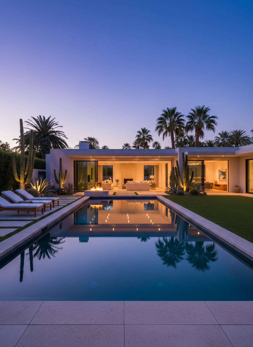 A serene twilight backyard scene of a Southwest Los Angeles luxury home, presented in rich photographic realism. A rectangular infinity pool mirrors the deep blue sky, edged by smooth limestone decking and lined with minimalist lounge chaises and a fire feature. Soft, integrated landscape lighting illuminates sculptural succulents, mature palms, and a manicured lawn area that suggests space for family gatherings. Sliding glass walls reveal a warmly lit living area inside, hinting at an effortless indoor-outdoor lifestyle. Captured from a low, wide-angle perspective across the pool, the composition emphasizes depth and reflection, creating an intimate, resort-like mood that feels exclusive yet welcoming.