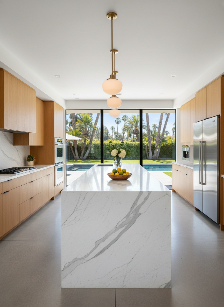 A high-end chef’s kitchen in a Los Angeles luxury home, photographed in crisp, clean detail. A long waterfall island of veined white marble with subtle gray striations anchors the space, paired with warm oak cabinetry and integrated appliances. A bowl of fresh citrus and a small arrangement of white flowers add color and life. Large windows reveal glimpses of palm trees and a sunlit backyard. Pendant lights with brushed brass accents cast a warm, focused glow on the island while natural daylight fills the rest of the room, creating a balanced, inviting atmosphere. Shot from a slightly elevated angle, the composition highlights generous counter space, premium finishes, and a modern yet family-friendly layout.